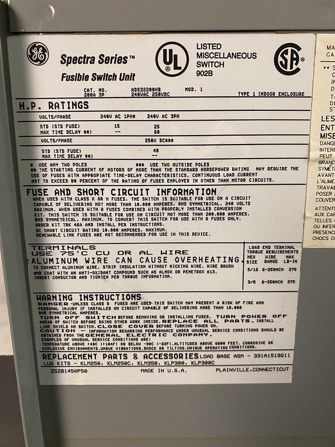 Used GE,ADS32200HB,SPECTRA 200A FUSIBLE SWITCH 240V SEE DESCRIPTION