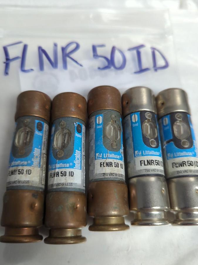 Used LITTELFUSE,FLNR-50ID,INDICATOR 50 AMP FUSE LOT OF 5 PRE-OWNED