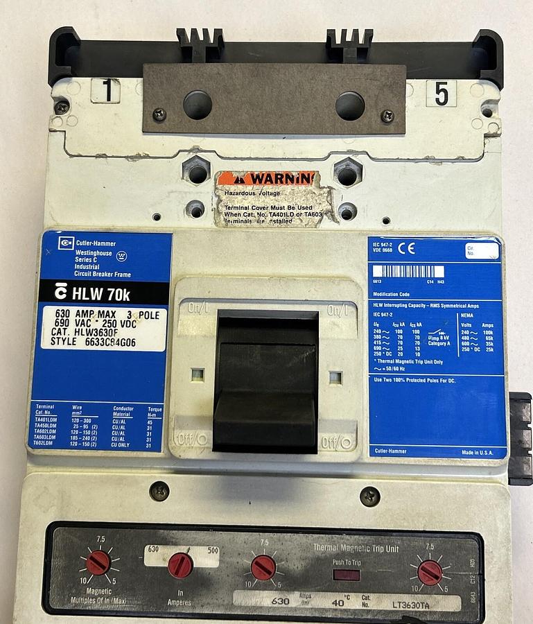 Used CUTLER-HAMMER,HLW3630F,CIRCUIT BREAKER 630A 690V 3P