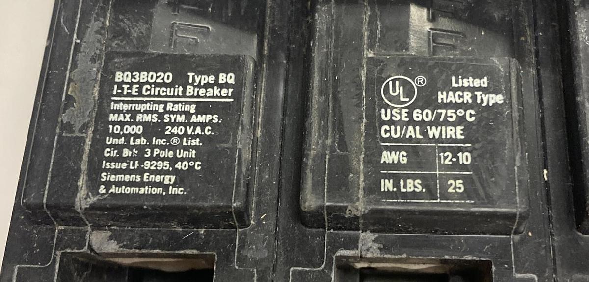 Used Siemens,BQ3B020,Circuit Breaker 20AMP 240V 3 pole