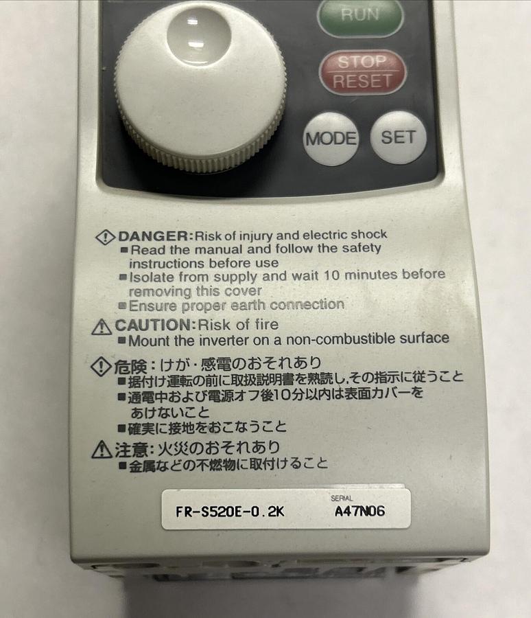 Used MITSUBISHI,FR-S520E-0.2K,INVERTER DRIVE 2.6A 3HP 200-240V