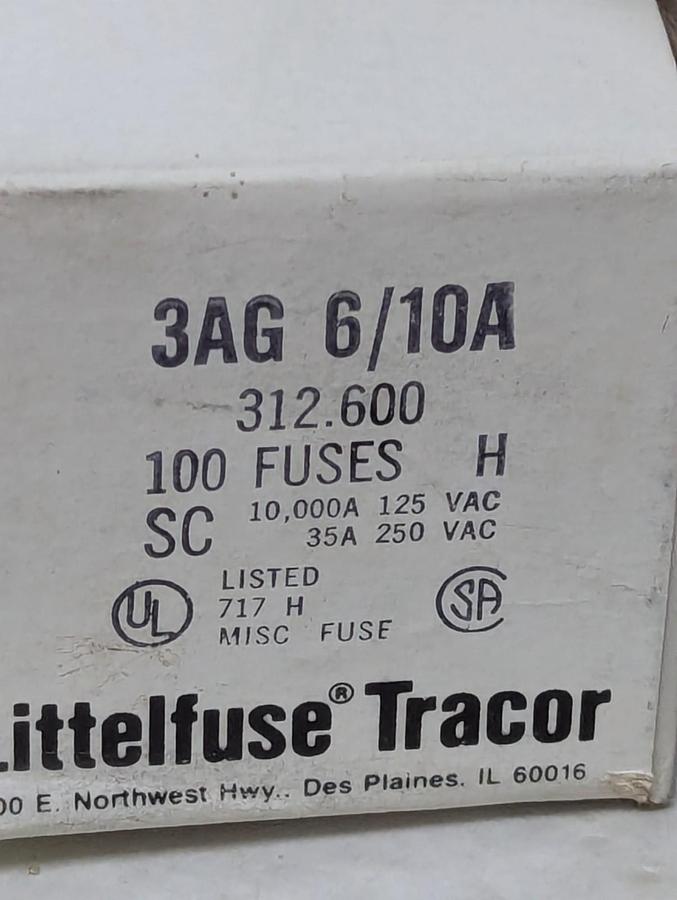 LITTELFUSE,3AG 6/10A,TRACOR SLO-BLO FUSES BOX OF 100 NOS