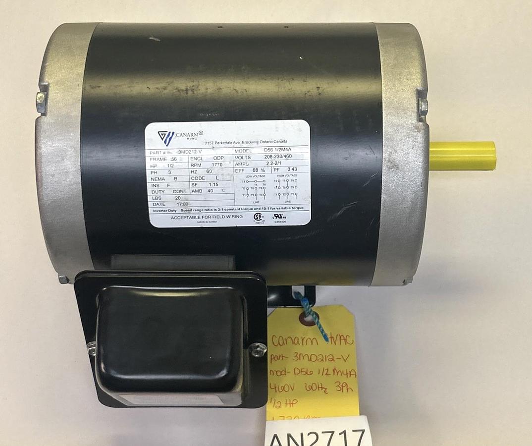 CANARM,3MD212-V,MOTOR 1/2HP 208-230/460V 1770RPM 3PH 56 FRAME NOS