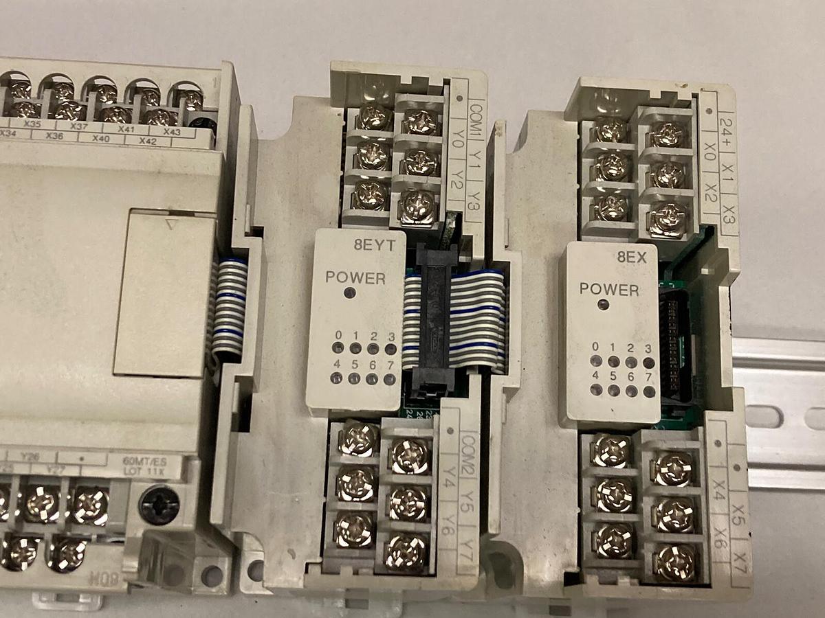 Used Mitsubishi,FX3G-60MT/ES,AC Base Unit FX2N-8EYT and FX2N-8EX Transistor Blocks