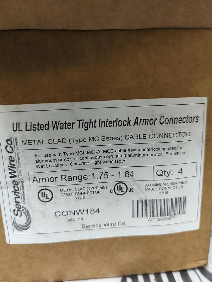 SERVICE WIRE CO.,CONW184,METAL CLAD  TYPE MC SERIES CABLE CONNECTOR BOX OF 4