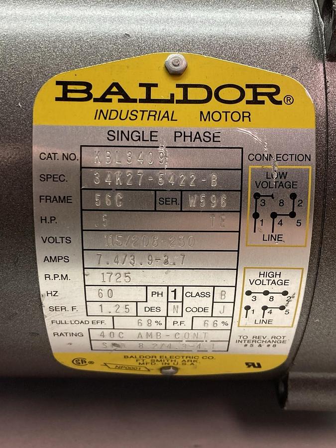 Baldor,KBL3409,Brake Motor 1/2Hp 1ph 115/208-230V 1725rpm Frame 56c