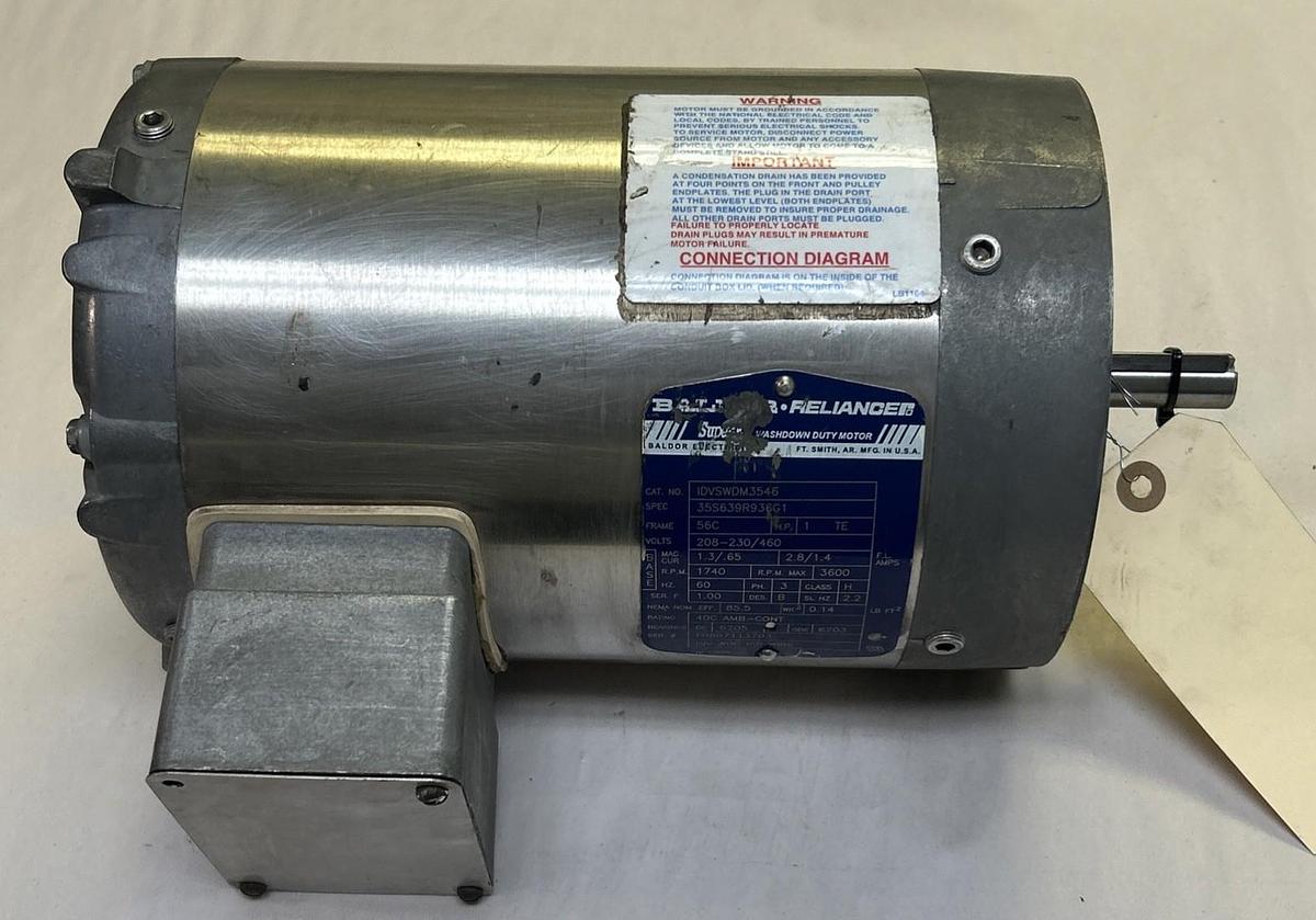 Used BALDOR,IDVSWDM3546,WASHDOWN MOTOR 1HP 1740RPM 208-230/460V 3PH 56C FRAME