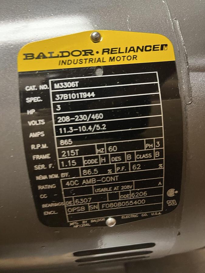 BALDOR,M3306T,ELECTRIC MOTOR 3HP 865RPM 3PH 215T
