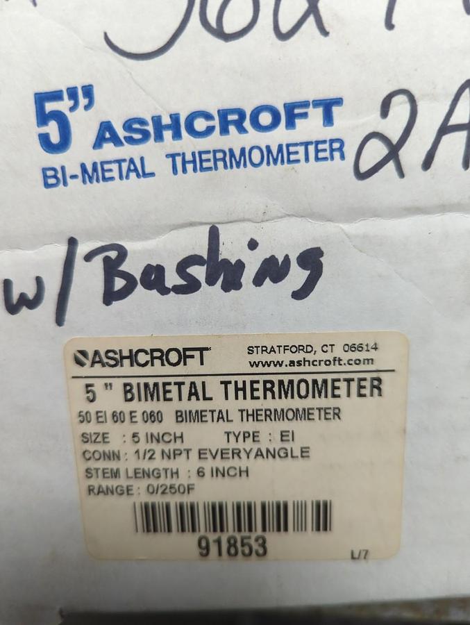ASHCROFT,50-EI 60 E 060,BIMETAL THERMOMETER 5 INCH FACE 6 INCH STEM 1/2 INCH NPT