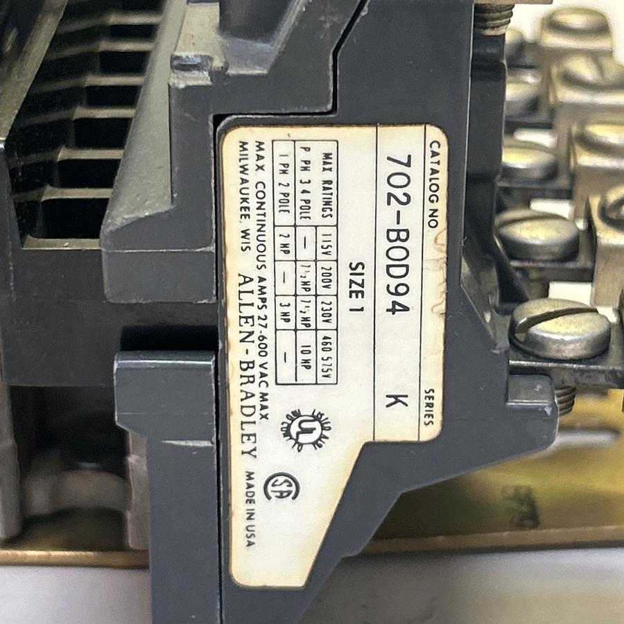 Used ALLEN BRADLEY,702-B0D94,SIZE 1 CONTACTOR 27A 600V