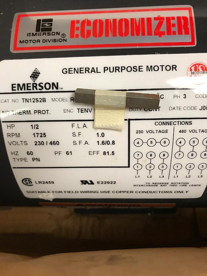 Used Emerson,TN12S2B,Motor 1/2HP 1725RPM 230/460V Frame 56