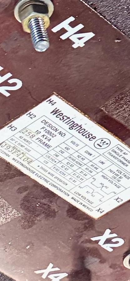 Used WESTINGHOUSE,TYPE AP,TRANSFORMER 10KVA HV 480V/240V LV 240/120V 1PH