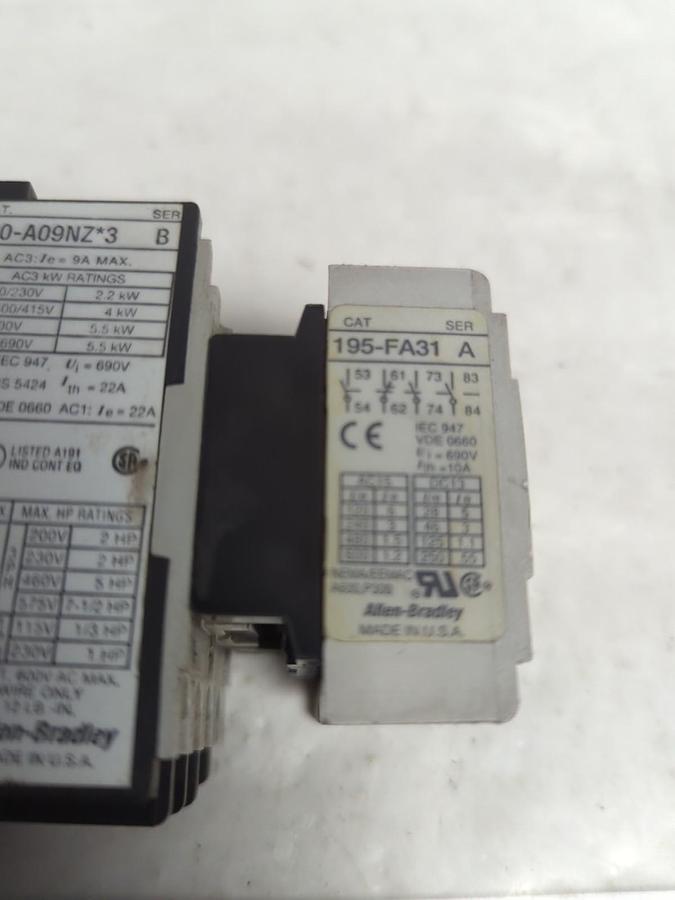 Used ALLEN BRADLEY,100-A09NZ*3,CONTACTOR WITH 195-FA31 PRE-OWNED