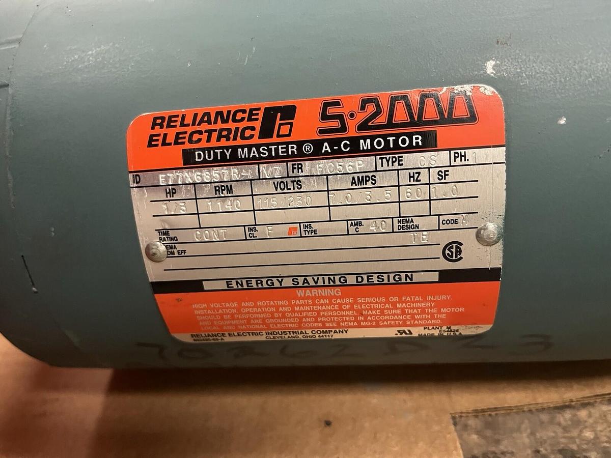 Used RELIANCE,E77X6857R,S2000 DUTY MASTER MOTOR 1/3HP 1140RPM 1PH FC56P