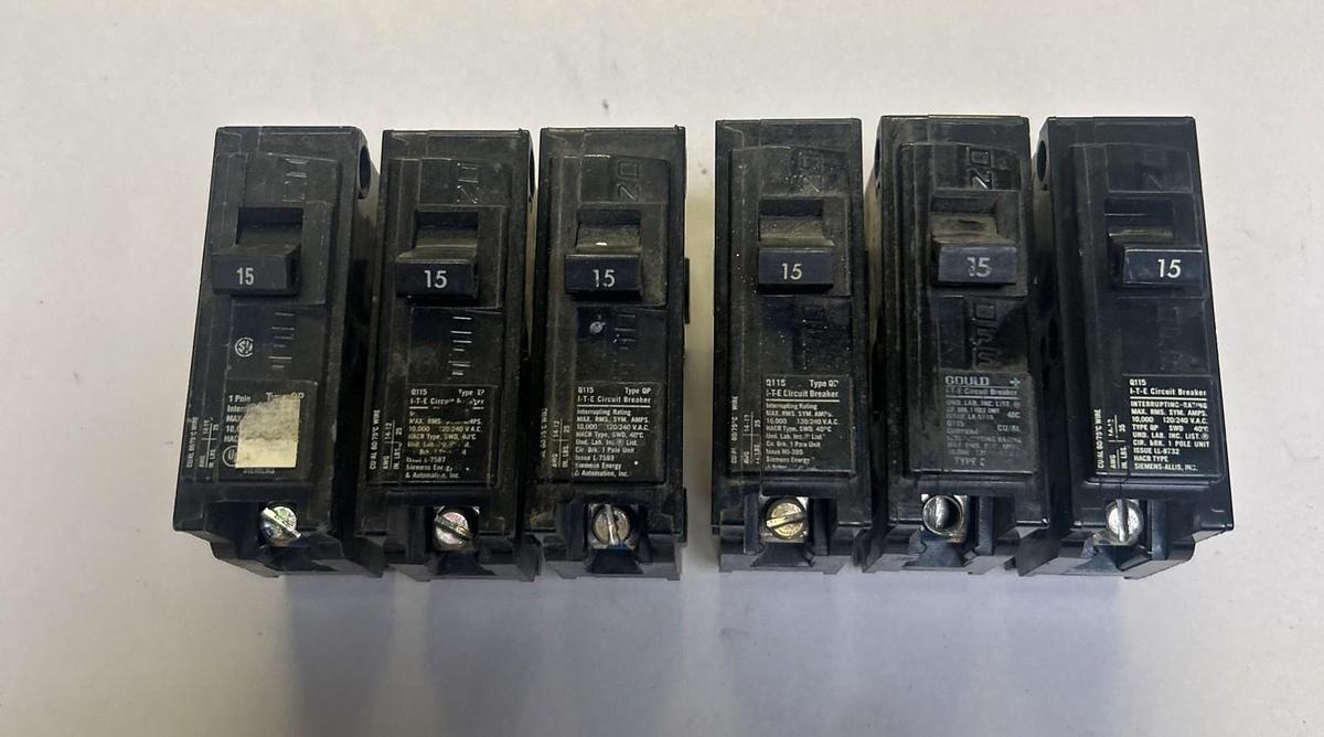 Used ITE,Q115,CIRCUIT BREAKER 15A 120/240V 1P LOT OF 6