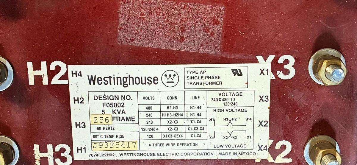Used WESTINGHOUSE,TYPE AP,TRANSFORMER 256 Frame 5KVA HV 480/240V LV 240/120V 1PH