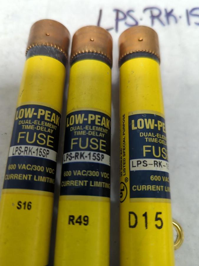 Used COOPER BUSSMANN,LPS-RK-15SP,LOW-PEAK 15 AMP FUSE LOT OF 3 PRE-OWNED