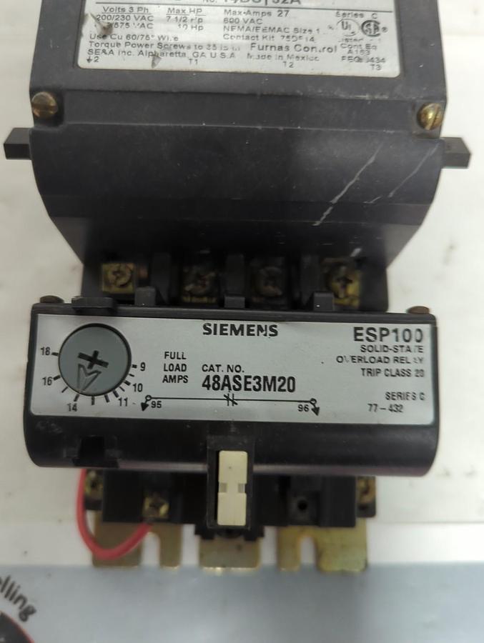 Used SIEMENS,14DS-132A,SIZE1 STATER WITH OVERLOAD RELAY 48ASE3M20 PRE-OWNED
