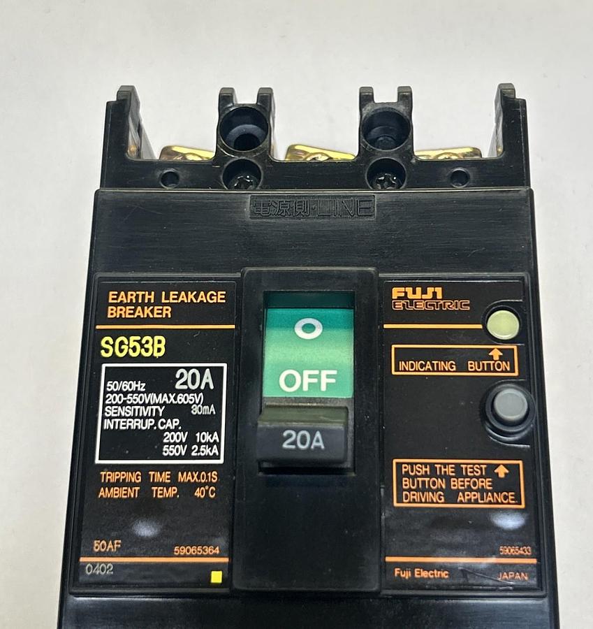 Used FUJI ELECTRIC,SG53B,EARTH LEAKAGE CIRCUIT BREAKER 20A 200-550V 3P