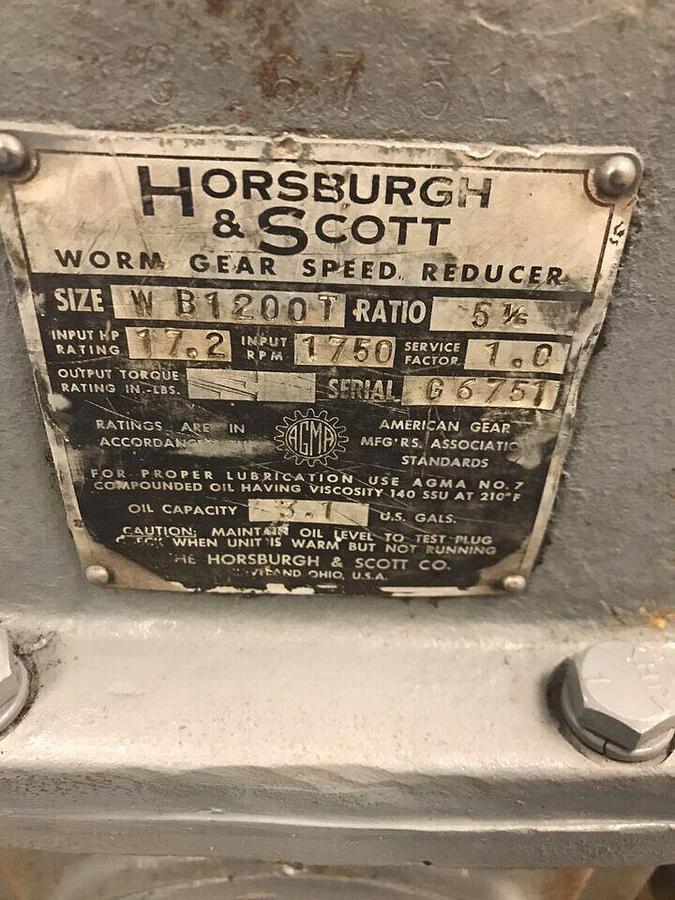 Used Horsburgh & Scott,W-B1200T,Worm Gear Speed Reducer Ratio 5-1/6