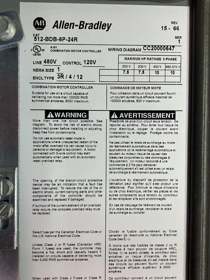 Allen-Bradley,512-BDB-6P-24R,Combination Starter NEMA Size 1 Type 3R/4/12