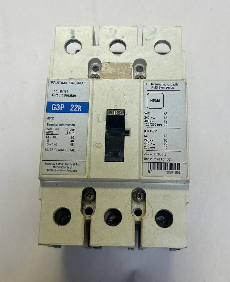 Used AUTOMATION DIRECT,G3P22K,CIRCUIT BREAKER 100A 480V 3P