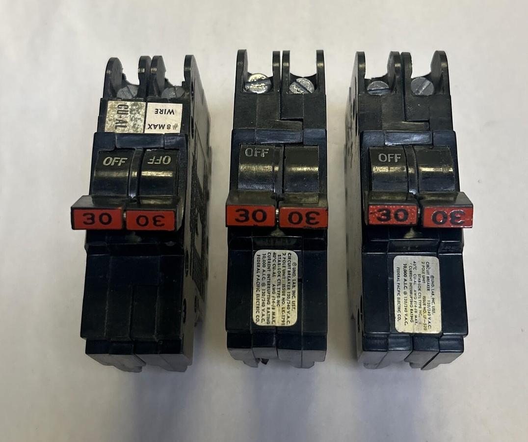Used FEDERAL PACIFIC,NC230,CIRCUIT BREAKER 30A 120/240V 2P LOT OF 3