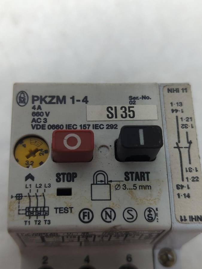 Used MOELLER,PKZM 1-4,MANUAL MOTOR STARTER WITH NHi 11 AUX 660V 4 AMP PRE-OWNED