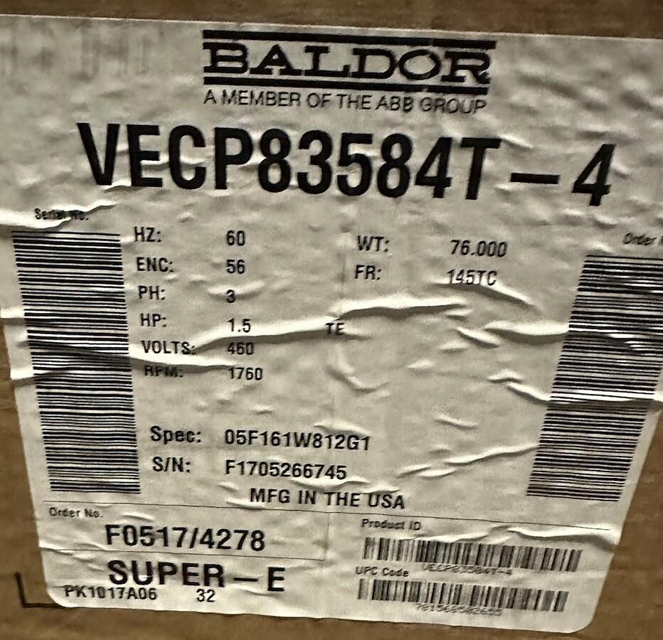 Baldor,VECP83584T-4,Motor 1.5HP 1760RPM Frame-145TC 460V 3PH