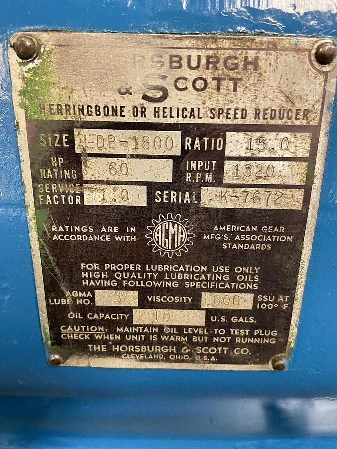 Used Horsburgh & Scott,LDB-1800,Speed Reducer Ratio 15.0 60HP Input 1320RPM