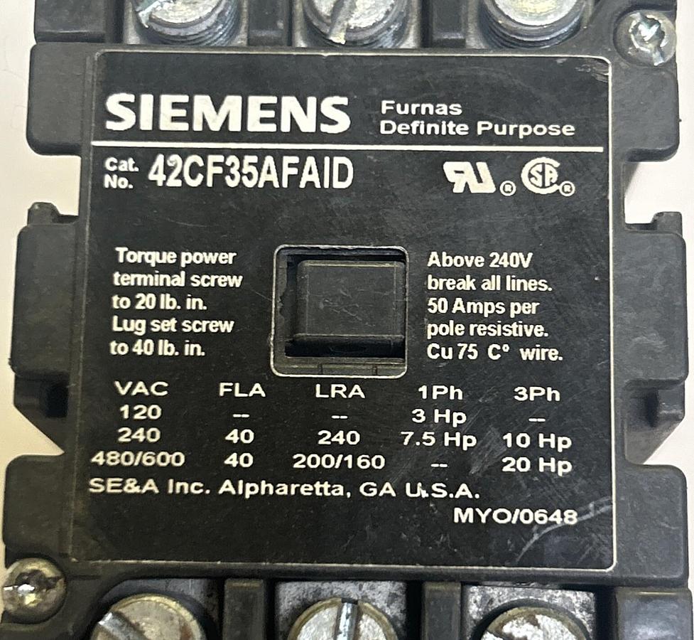 Used SIEMENS,42CF35AFAID,DEFINITE PURPOSE CONTACTOR