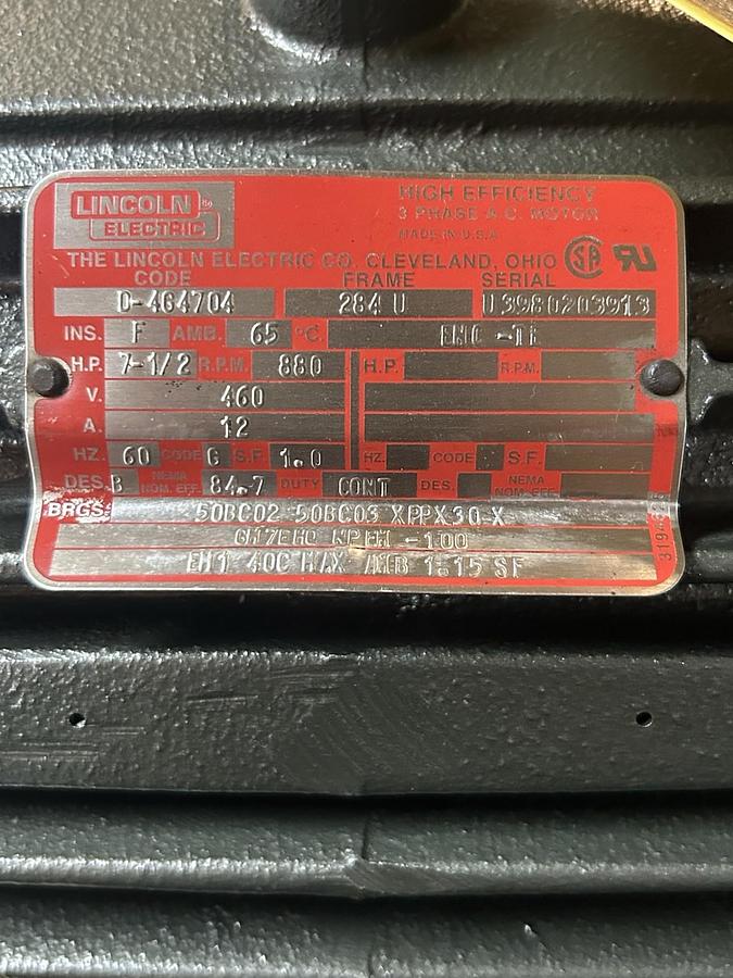 LINCOLN ELECTRIC,D-4G4704,AC MOTOR 7.5HP 460V 880RPM 3PH 284U FRAME