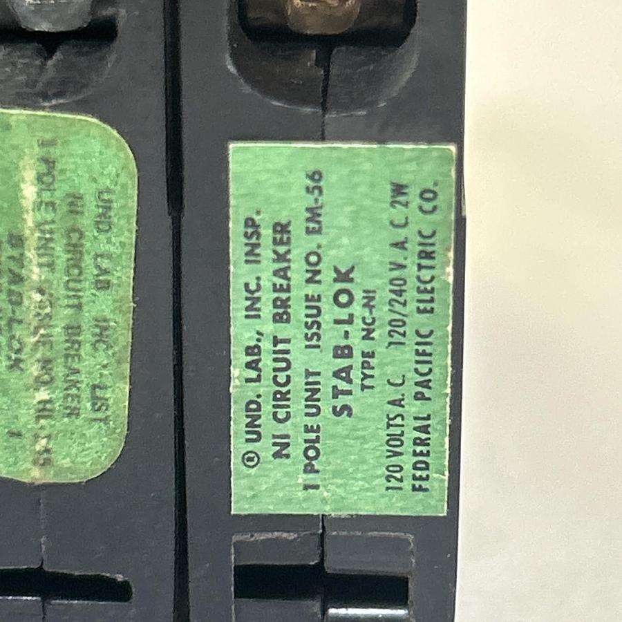 Used FEDERAL PACIFIC,NC-NI115,CIRCUIT BREAKER 15A 120/240V 1P LOT OF 10