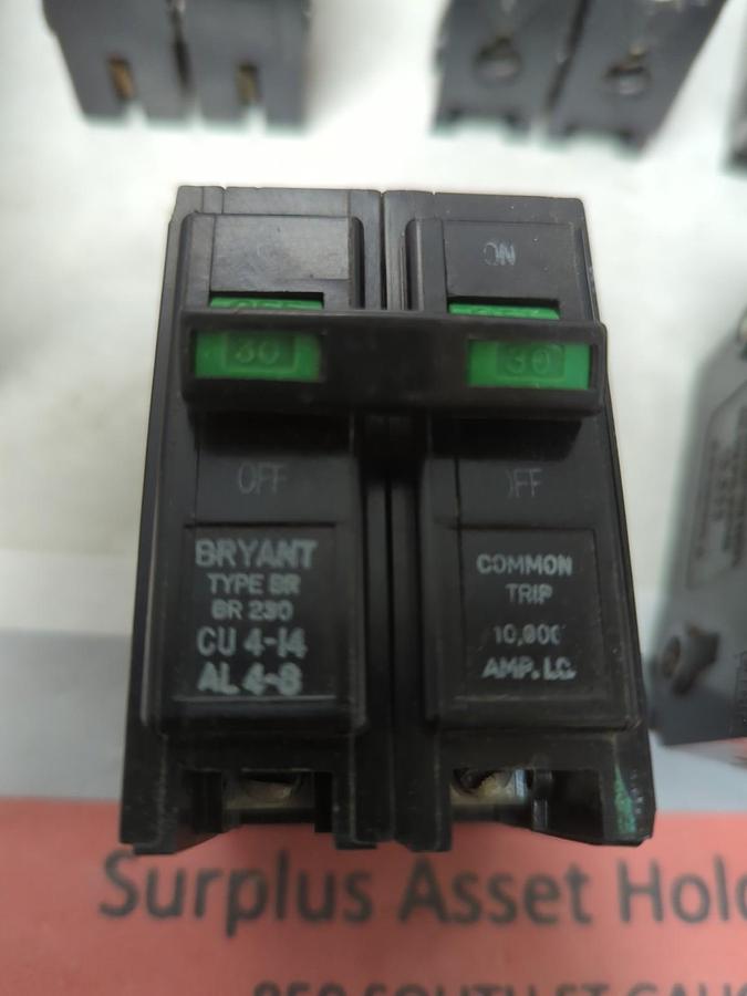 Used BRYANT,BR230,CIRCUIT BREAKER 2-POLE 30 AMP LOT OF 5 PRE-OWNED