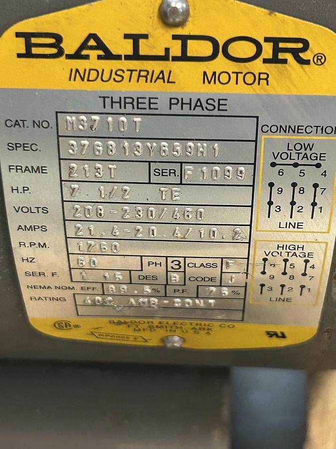 Used BALDOR,M3710T,MOTOR 7.5HP 208-230/460V 1750RPM 3PH 213T FRAME