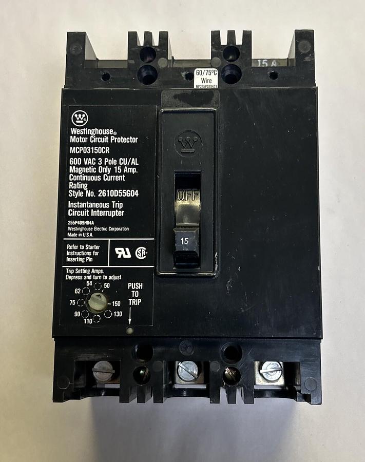 Used WESTINGHOUSE,MCP03150CR,CIRCUIT BREAKER 15A 600V 3P