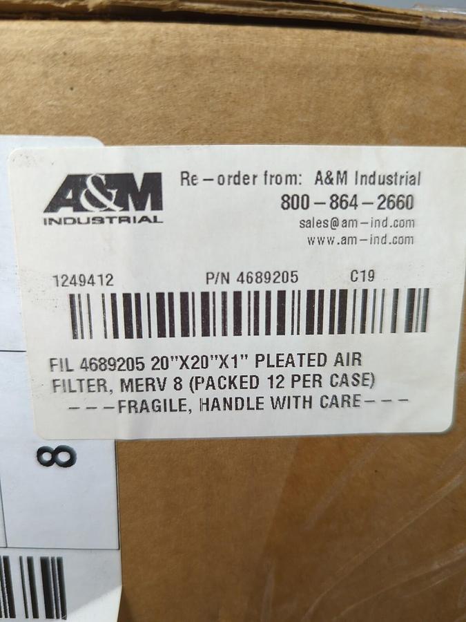 KOCH FILTER,102-700-008,MULTI-PLEAT 8-XL 20X20X1 AIR FILTER 12 PK UNOPENED