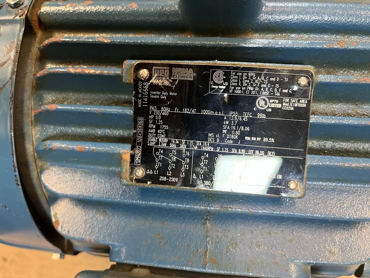 Used WEG W22,TE1BF0XON CC029A,SEVERE INVERTER MOTOR 5HP 1755RPM 3PH 182T 184T