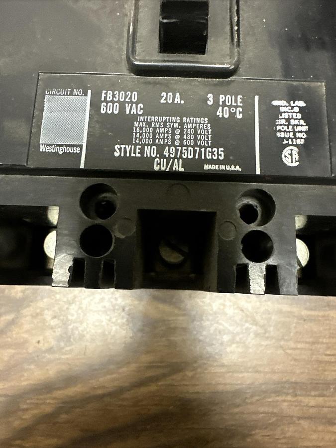 Used Westinghouse,FB3020,Circuit Breaker 20 Amp 600VAC 3 Pole