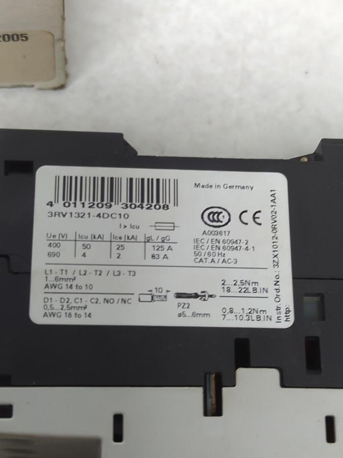 SIEMENS,3RV1321-4DC10,MOTOR PROTECTION CIRCUIT BREAKER 25A NOS