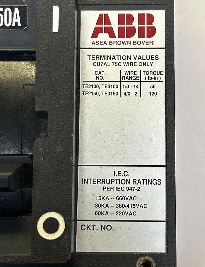 Used ABB,TE3150,CIRCUIT BREAKER 50A 480V 3P