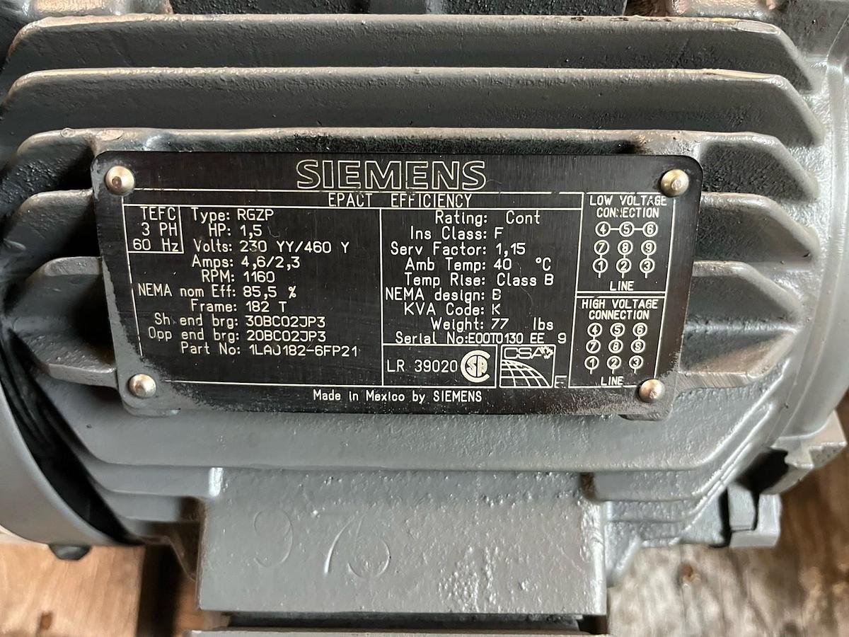 SIEMENS,1LA0182-6FP21,RGZP EPACT MOTOR 1.5HP 3PH 1160RPM 182T