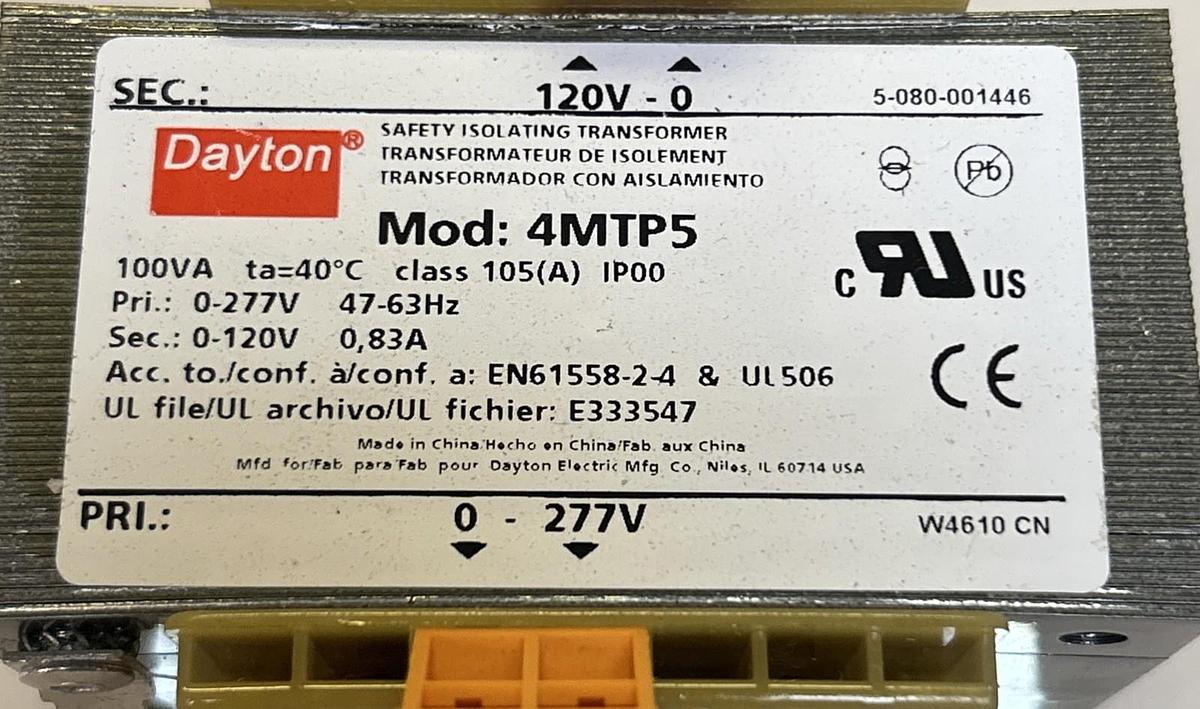 Used DAYTON,4MTP5,SAFETY ISOLATING TRANSFORMER