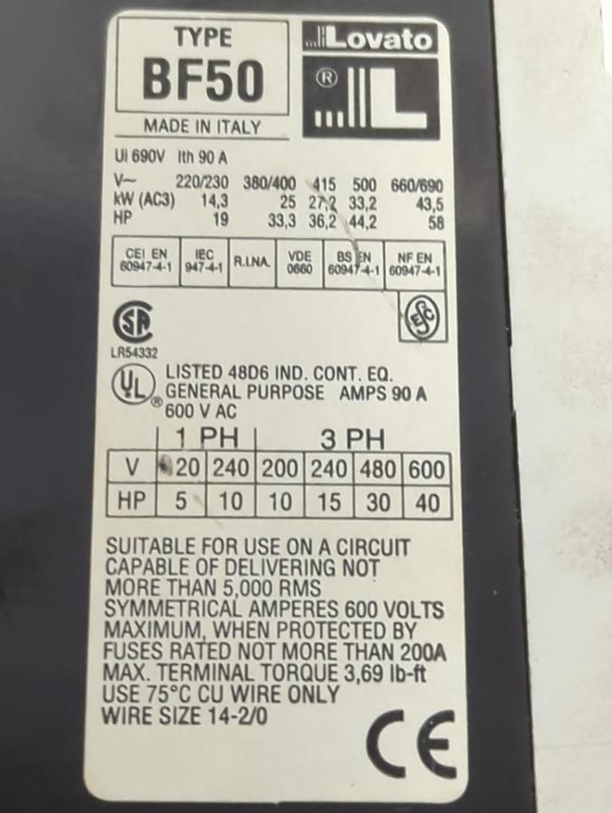 LOVATO,BF50-00,CONTACTOR 90 AMP 690V NOS