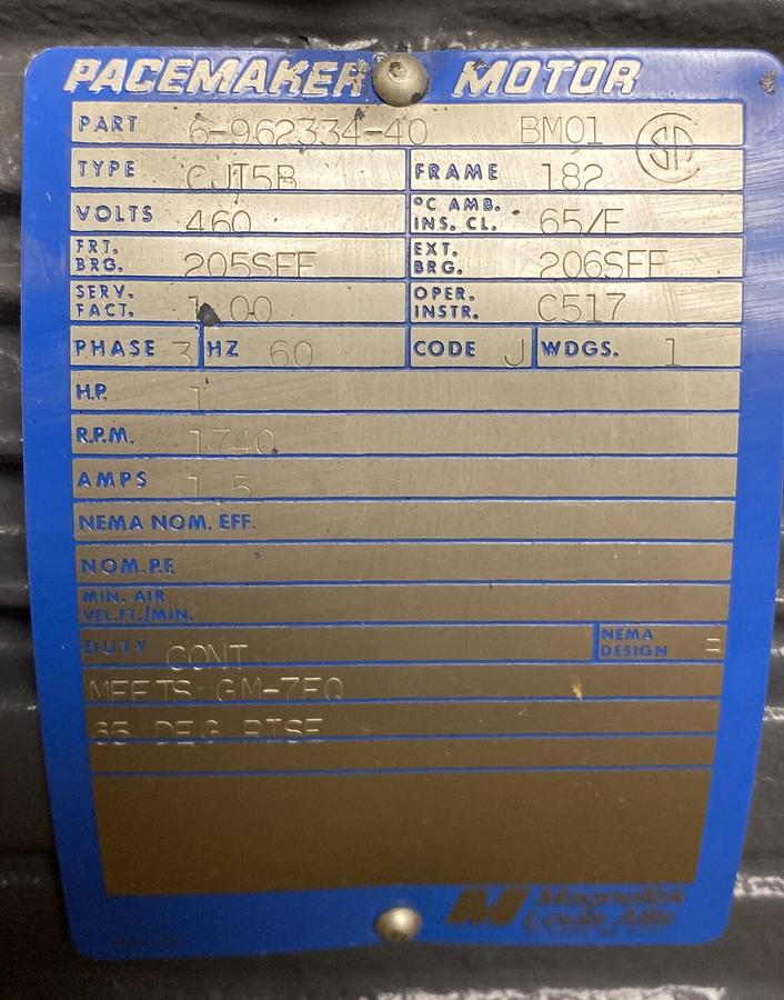 Magnetek,6-962334-00,Motor U200 1HP 1740 RPM 460V Frame 182 NOS