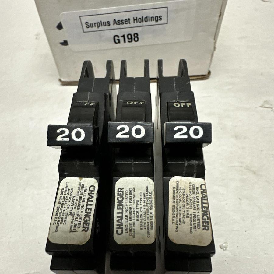 Used Challenger,NC20,20 Amp 1 Pole Circuit Breaker Lot of 3