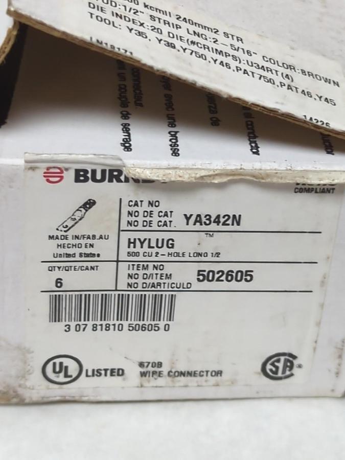 BURNDY,YA342N,HYLUG BROWN COMPRESSION LUG 500 CU 2-HOLE LONG 1/2 BOX OF 6 NOS