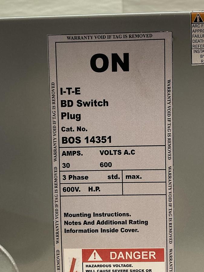 Used Siemens ITE,BOS 14351,3-Phase BD Switch Buss Plug 600Vac 30A