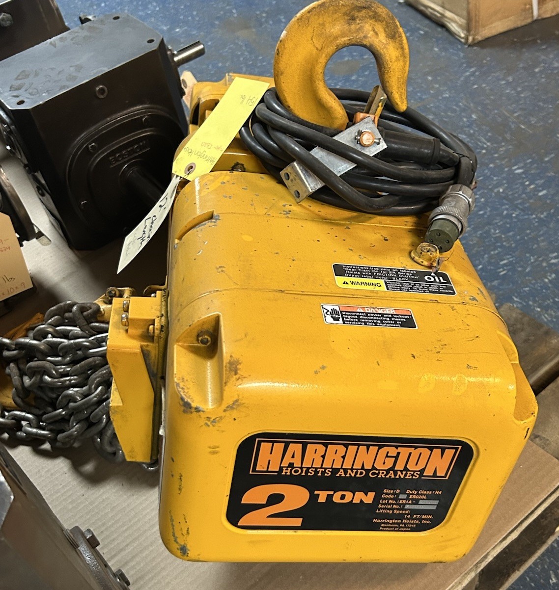 Used HARRINGTON HOISTS,IBBQ,ELECTRIC HOIST 2 TON 3PH 1690RPM 12FT CHAIN NO PENDANT