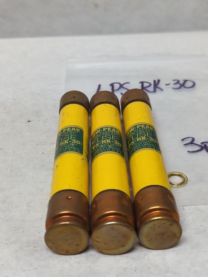 Used COOPER BUSSMANN,LPS-RK-30,LOW-PEAK 30 AMP FUSE LOT OF 3 PRE-OWNED